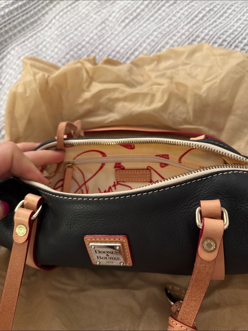 Dooney & Bourke Black Leather Shoulder Bag with Tan Straps and Coral Edge - Picture 3 of 7